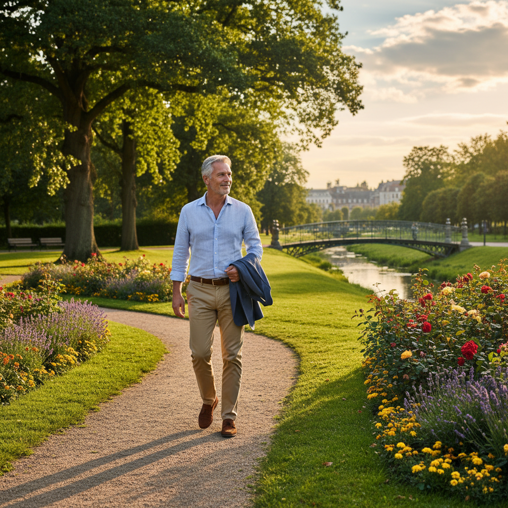 Pria paruh baya berjalan santai di taman hijau
