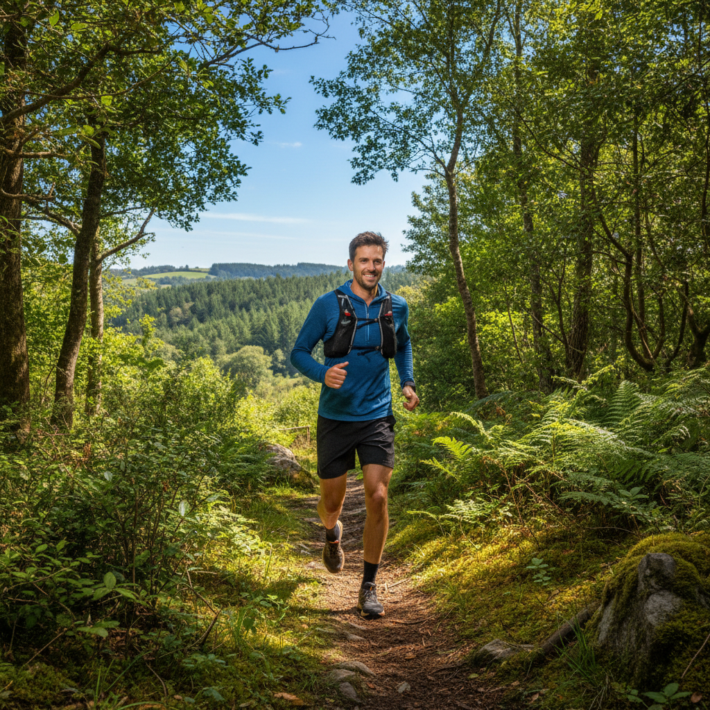 Pria aktif di alam terbuka dengan latar belakang kehijauan
